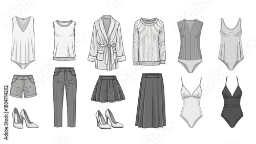 Vector Illustration of Various Women's Clothing and Accessories for Fashion Design