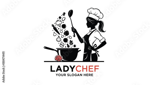 Vector Illustration of a Female Chef Cooking with Various Ingredients