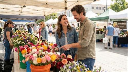 Couple laughing and buying flowers at a vibrant farmers market. Man and woman enjoying fresh produce. Local shopping and happy lifestyle concept for Valentines day