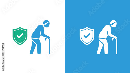 Vector Illustration of Elderly Person with Cane and Shield Protection