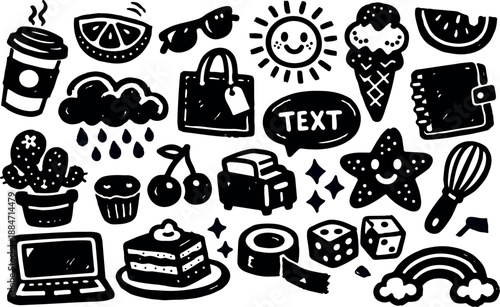 Whimsical doodle sticker set flat vector of assorted hand drawn icons including smiling sun ice cream laptop cake cherries rain rainbow