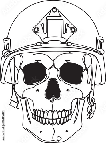 Detailed sketch of a skull wearing a military helmet and goggles