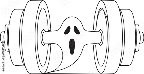 A frightened ghost is struggling to lift a barbell weight