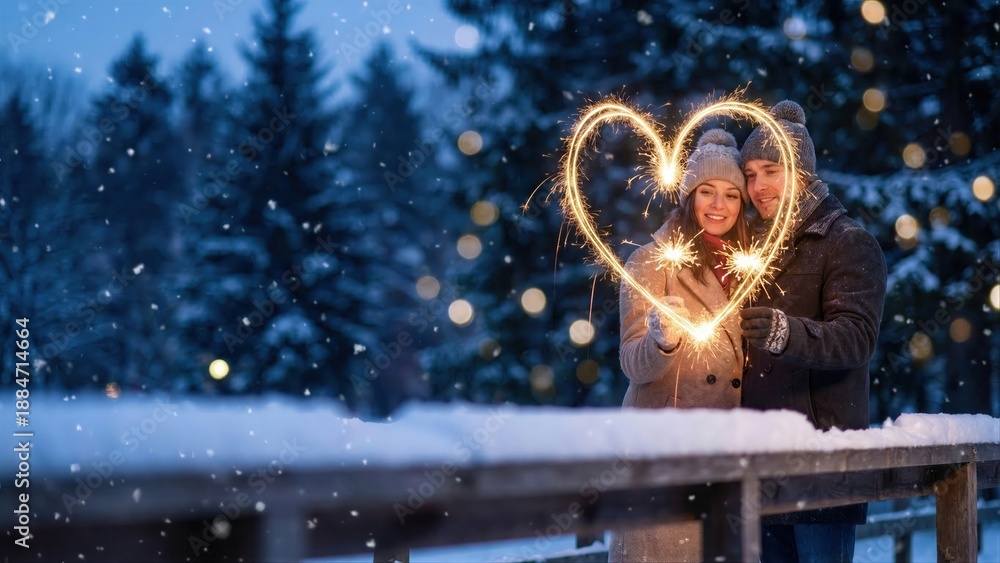 Fototapeta premium Man and woman holding sparklers in a heart shape on a snowy winter night. Romantic couple celebrating Christmas or Valentines Day