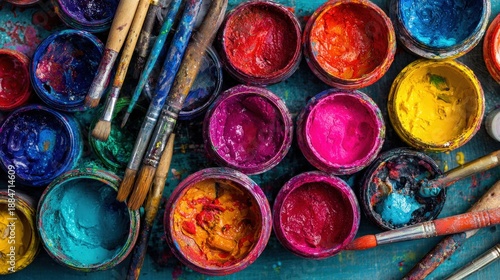 Vibrant paint splash art workshop creative studio visual art artistic environment close-up view.