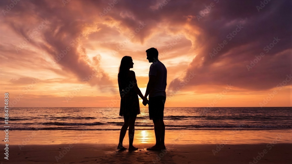 Fototapeta premium Silhouetted woman and man holding hands on beach at sunset with heart shaped clouds. Romantic couple on vacation, love, and Valentines Day concept