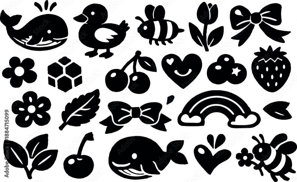 Fototapeta premium Flat design cute silhouette icon set with whale duck bee cherries flowers bows rainbow and leaves in black vector art