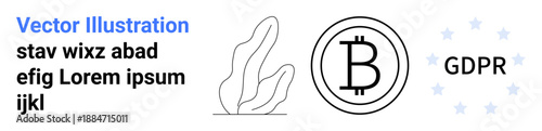 Cryptocurrency, blockchain technology, data privacy, legal compliance, digital finance, decentralized systems. Bitcoin symbol alongside a GDPR label and abstract art. Cryptocurrency and data privacy