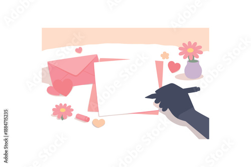 Flat vector illustration of Mother Day thank you note writing moment with pen silhouette blank paper shapes and an envelope no readable text style clean 2D shapes no outlines minimal