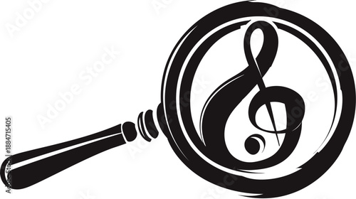 A black and white illustration of a magnifying glass focusing on a treble clef symbol