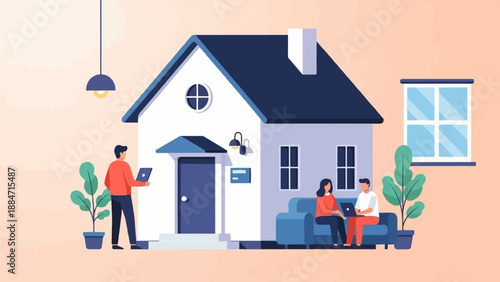 Diverse people use laptops at home, showcasing modern living