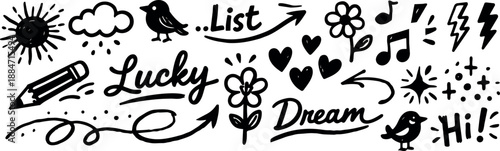 Hand lettering doodle banner with whimsical black line icons and script words lucky dream list pencil bird hearts landscape playful