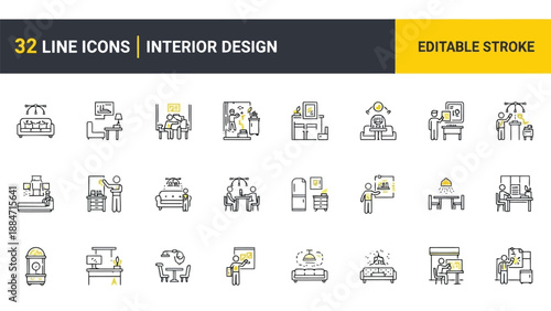 Vector Illustration Interior Design Line Icons Editable Stroke Collection