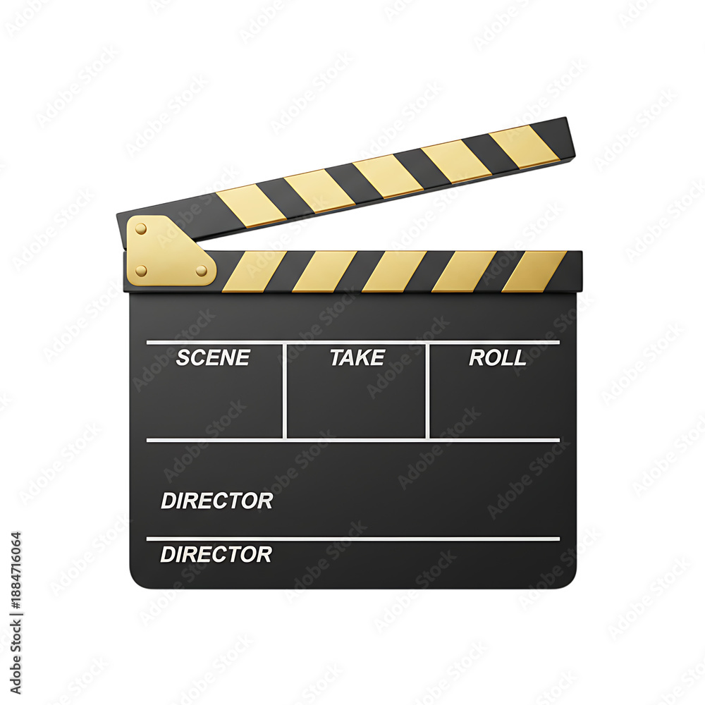 Fototapeta premium Clapperboard Icon: An iconic clapperboard, the symbol of cinematic storytelling, stands poised, ready to capture the magic of the next scene.