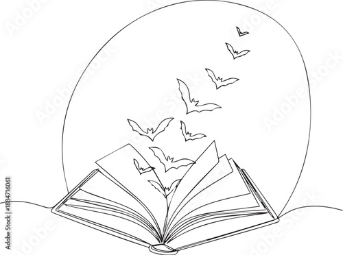 An open book with bats flying out under a moonlit night sky