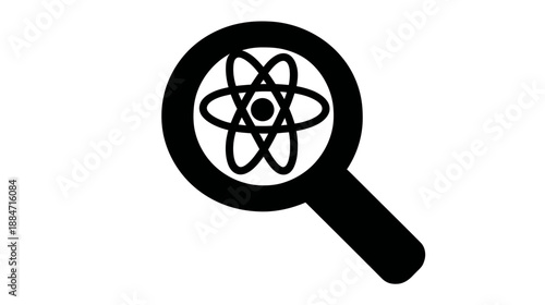 Black and white illustration of an atom inside a magnifying glass, suggesting scientific inquiry