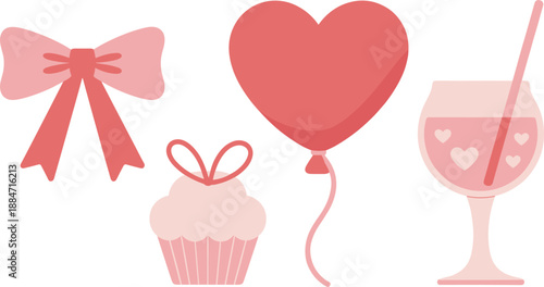 Romantic Pink Illustration Set Featuring Decorative Bow, Heart Balloon, Cute Cupcake, and Sweet Drink Glass with Hearts