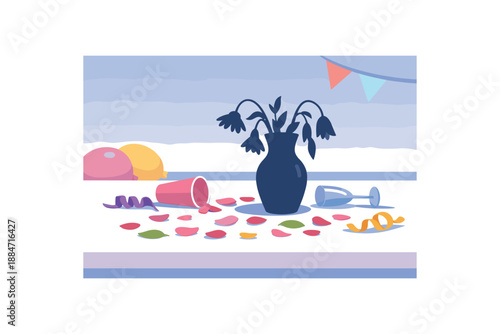 Flat vector illustration of bouquet after party cleanup without people: wilted flowers vase silhouette and scattered petals on table style clean 2D shapes no outlines minimal details