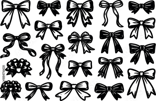 Line art hand drawn bow collection close up sheet of decorative ribbon bows in black ink vector flat isolated ornamental angles set