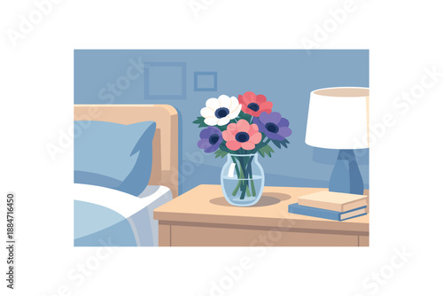 Flat vector illustration of bouquet of anemones glass vase silhouette on bedside table style clean 2D shapes no outlines minimal details layered depth simplified silhouettes calm mood Wide