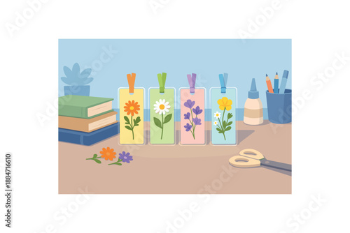 Flat vector illustration of pressed flower bookmarks on desk silhouette with book stack no readable text style clean 2D shapes no outlines minimal details layered depth simplified