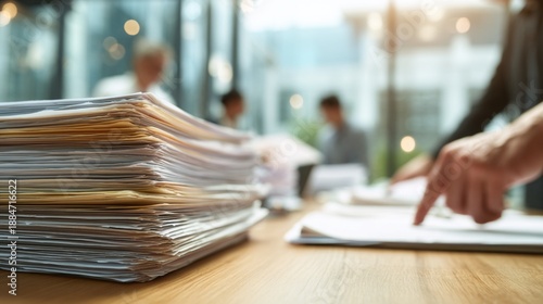 Stacked documents on wooden table with blurred colleagues discussing paperwork in modern office setting, large windows allowing natural light to illuminate the space
