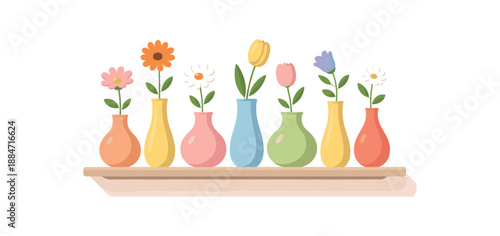 Flat vector illustration of vase lineup on shelf with single stem flowers each vase silhouette style clean 2D shapes no outlines minimal details layered depth simplified silhouettes calm