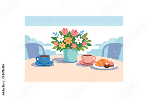Flat vector illustration of bouquet on café table silhouette with two cups and pastry plate style clean 2D shapes no outlines minimal details layered depth simplified silhouettes calm mood