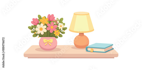 Flat vector illustration of bouquet on nightstand silhouette beside lamp and book as simple shapes style clean 2D shapes no outlines minimal details layered depth simplified silhouettes