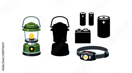 Flat vector illustration of camping lantern set with lantern silhouette spare batteries shapes and small headlamp isolated on pure white slightly style high quality no texture no grain