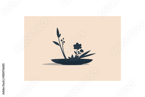 Flat vector illustration of minimal ikebana style arrangement silhouette shallow bowl with few stems style clean 2D shapes no outlines minimal details layered depth simplified silhouettes