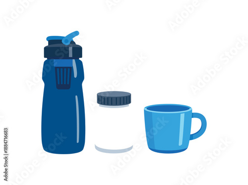 Flat vector illustration of reusable water purification kit with filter bottle silhouette tablets container without label and cup isolated on pure white slightly style high quality no