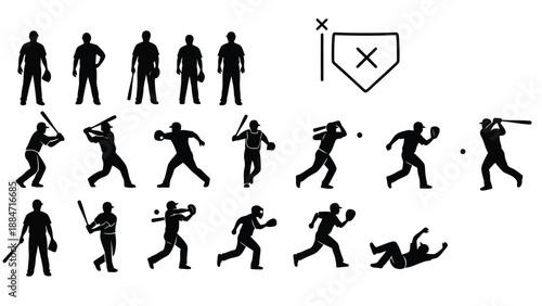 Vector Illustration Baseball Players Silhouettes Various Poses and Actions