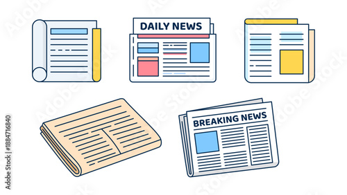 Set of newspaper icons in flat style, rolled and folded daily press with headlines, colored blocks and breaking news layout, vector illustration for media, journalism, news app or communication design