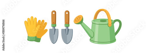 Flat vector illustration of community garden tool set with small shovel trowel gloves silhouettes and watering can isolated on pure white slightly style high quality no texture no grain