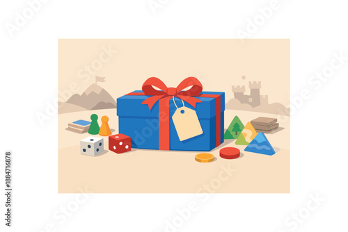 Flat vector illustration of board game gift wrap without people: game box silhouette wrapped with ribbon and tag shape without text style clean 2D shapes no outlines minimal details layered