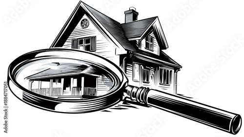 A black and white illustration of a house being examined under a magnifying glass
