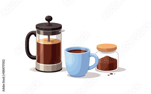 Flat vector illustration of French press with mug and small jar of grounds isolated on pure white slightly style clean 2D shapes no outlines minimal details layered depth simplified