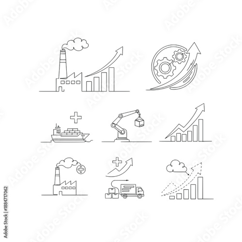 Industrial supply chain logistics icon set with growth charts and factory lines
