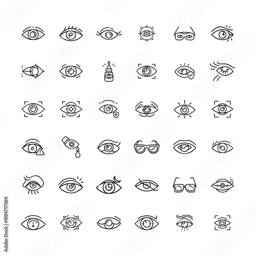 Eye vision optometry and eyeball line vector icons set