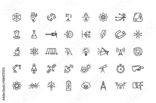 Science physics and engineering technology vector icons collection