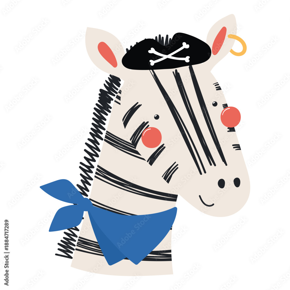 Fototapeta premium Cute little zebra pirate isolated on transparent. Kawaii cartoon character. Hand drawn flat vector illustration. Kids nautical design element, clip art, fashion print, poster, wall art