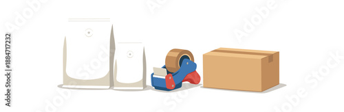 Flat vector illustration of coffee subscription packing set with blank bean bags tape dispenser and shipping box isolated on pure white slightly style clean 2D shapes no outlines minimal