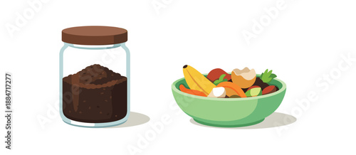 Flat vector illustration of coffee grounds compost jar with kitchen scraps bowl isolated on pure white slightly style clean 2D shapes no outlines minimal details layered depth simplified