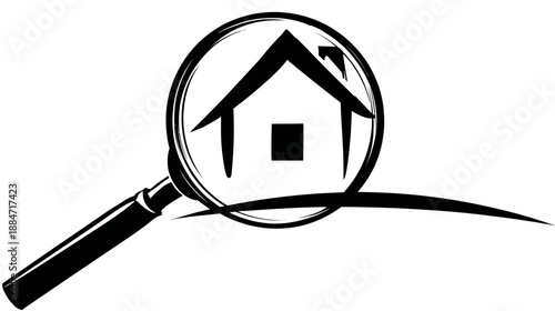 A stylized black and white image of a house viewed through a magnifying glass