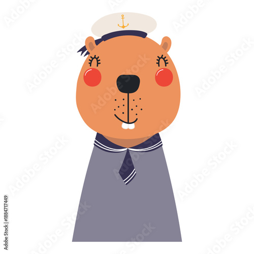 Cute little beaver sailor isolated on transparent. Kawaii cartoon character. ...