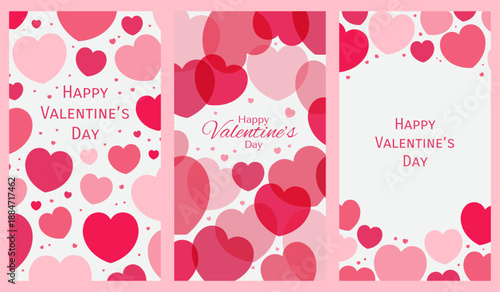 Valentines day red, pink hearts frames with copy space collection. Flat vector illustration. 9 by 16 social media story template. Holiday design, background. Love, romance friendship celebration