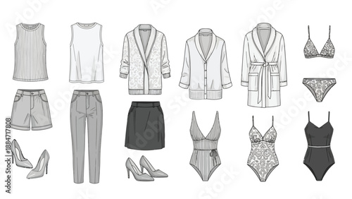 Vector Illustration of Various Women's Clothing and Accessories on White Background