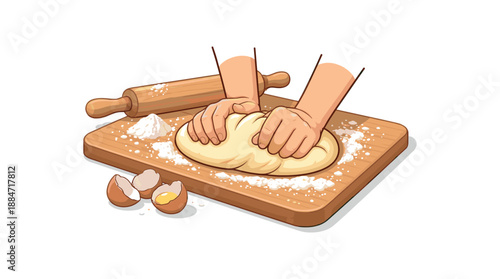 Flat vector illustration of hands kneading dough on floured board isolated on pure white slightly style high quality no texture no grain