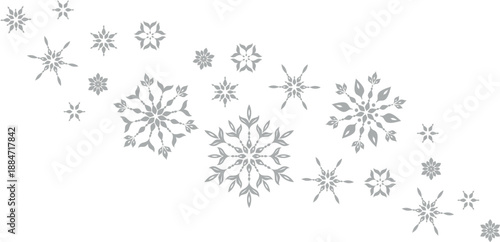 Christmas border with wave of black snowflakes, winter holiday horizontal banner design, decorative floral snow ornament, minimalist New Year greeting card element, vector illustration isolated 